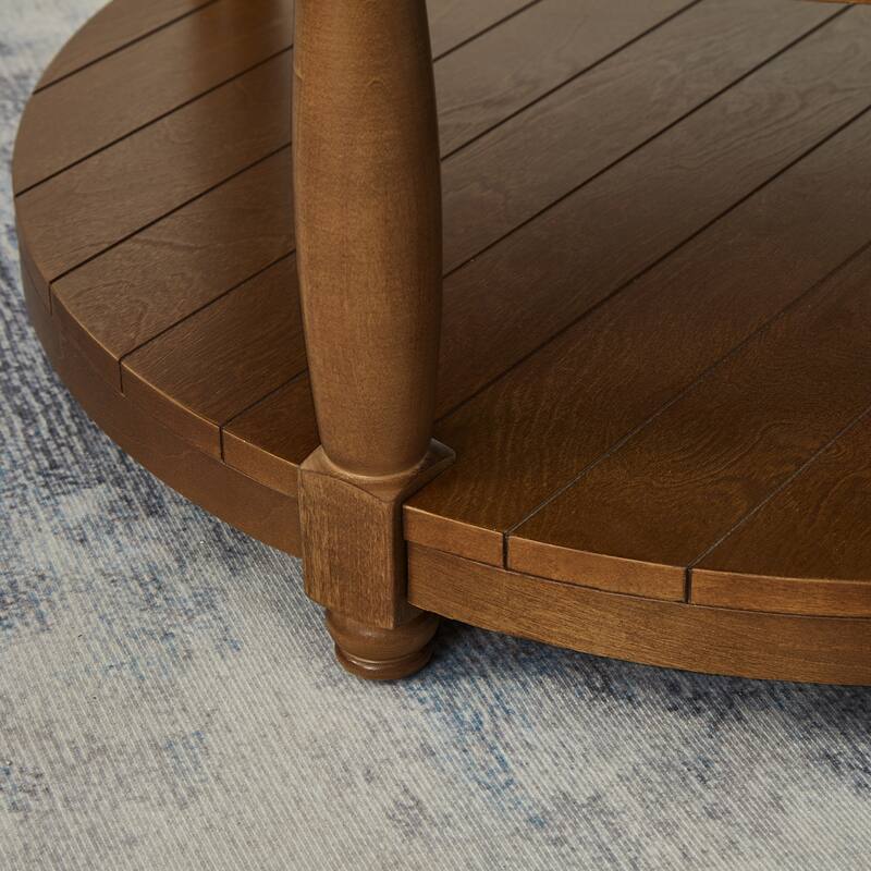 Large Round Tufted Linen Ottoman Coffee Table with Solid Wood Shelf - Charcoal Finish