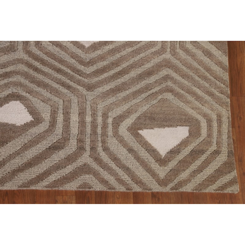 Geometric Modern Oriental Area Rug Handmade Beige Wool Carpet - 9'0" x 11'8"