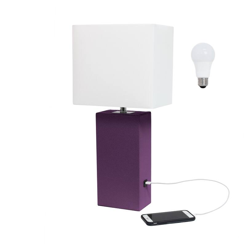 Modern Leather Table Lamp with USB and White Fabric Shade
