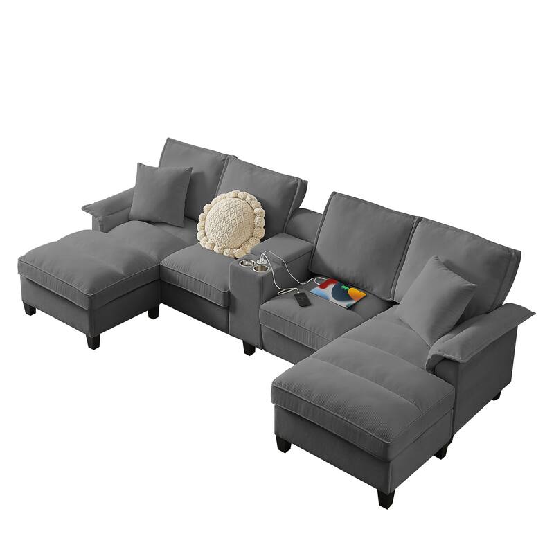 Sectional Sofa Bed Sleeper Sofa with Storage, U-Shaped 4-Seater Chaise Lounge Sofa with Cup Holders & USB Charge