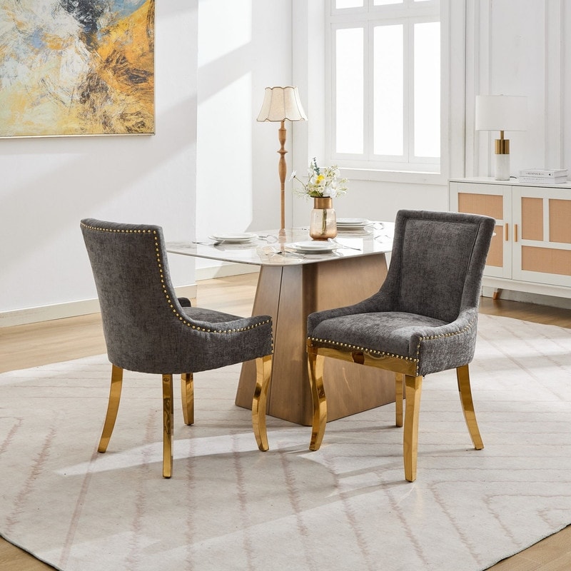 Luxe Curved Accent Dining Chairs with Gold-Plated Legs & Textured Chenille Upholstery, Set of 2
