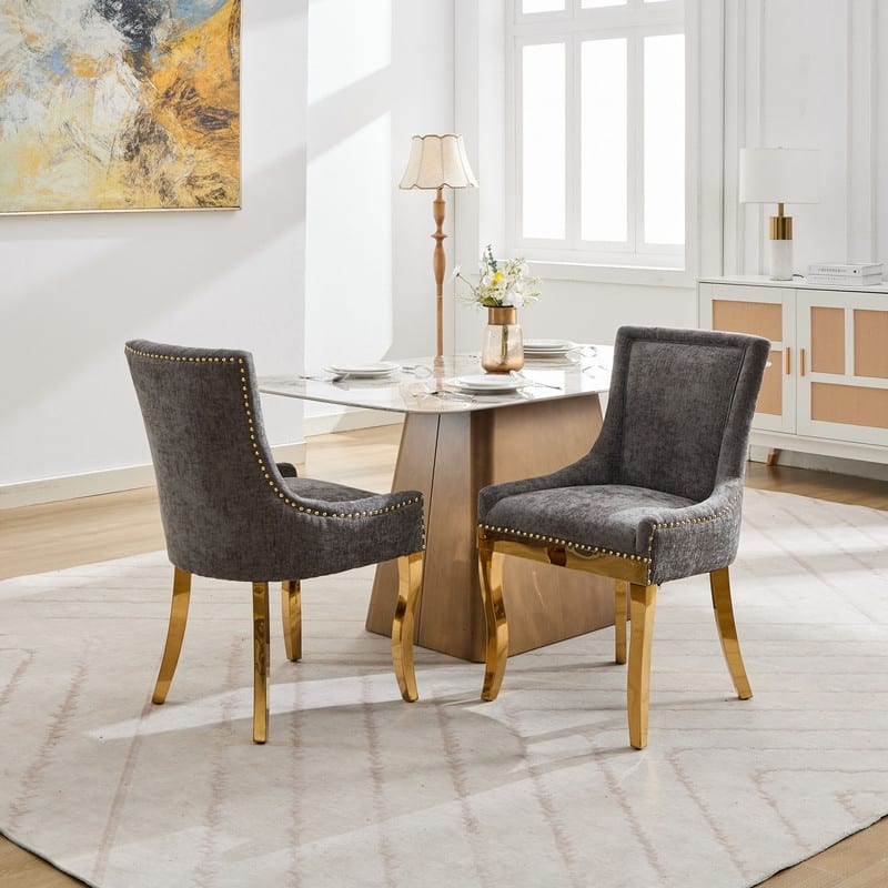 Luxe Curved Accent Dining Chairs with Gold-Plated Legs & Textured Chenille Upholstery, Set of 2
