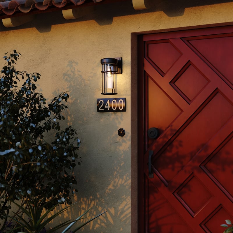 VAXCEL Crestline 14 in. H 1-Light Black Dusk to Dawn Sensor Outdoor Wall Sconce, Rust-Resistant Aluminum, Clear Glass Shade