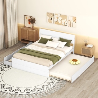 Full Size Bed with Twin Size Trundle Bed and 2 Drawers, Wooden Platform Bed Frame with Headboard for Girls Boys Teens Adults