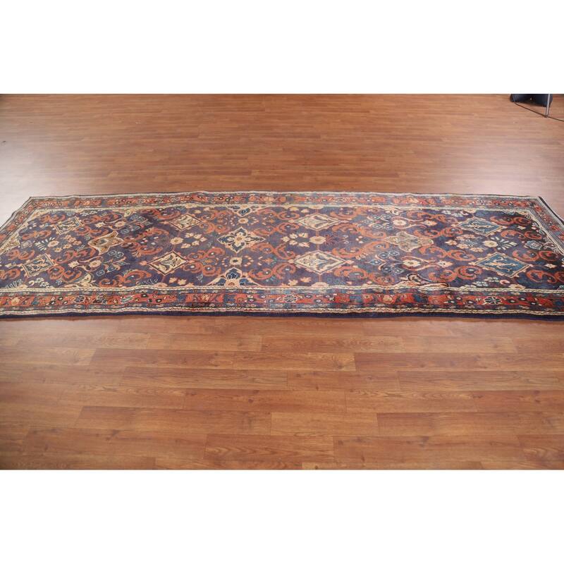 Hand Knotted Oriental 100% Wool Carpet Traditional Geometric Navy Blue & Blues Mahal Runner Rug - 10' 8'' X 3' 5''