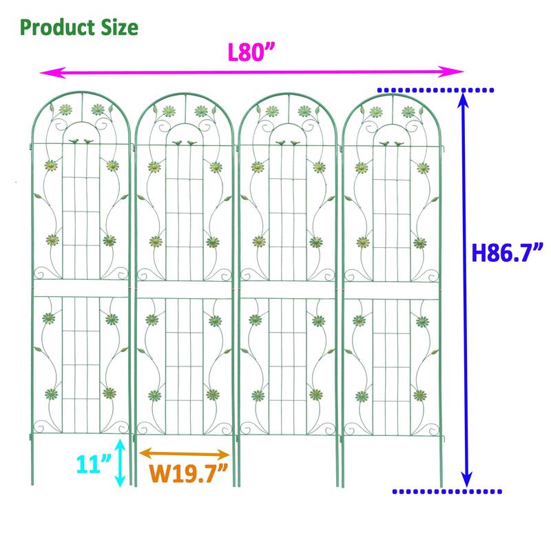 4 Pack Metal Garden Trellis 86.7" x 19.7" Rustproof Trellis for Climbing Plants Outdoor Flower Support Green