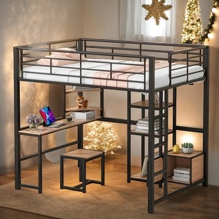 Full Size Metal Loft Bed with Desk and Stool, Wood Kids Bed Frame with Open Wardrobe, Shelves and Cabinet for Bedroom, Black