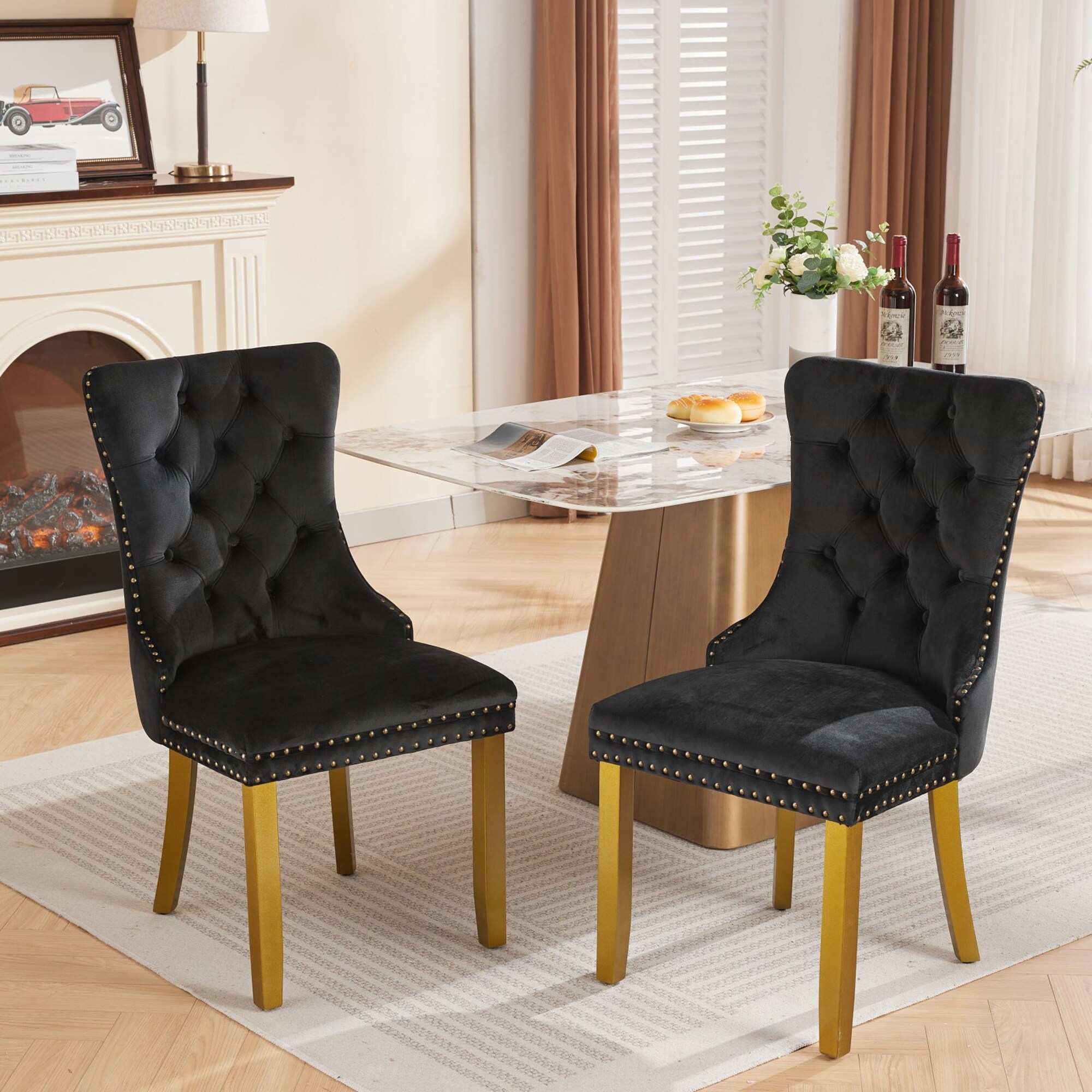 2-Piece Mid-Century Modern Velvet Upholstered Dining Chairs with Lion Head Pull Ring