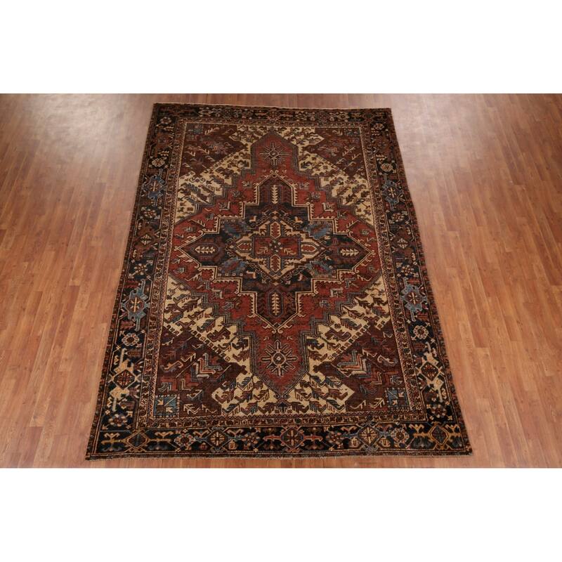 Pre-1900 Antique Heriz Serapi Persian Area Rug Handmade Wool Carpet - 7'5" x 10'4"