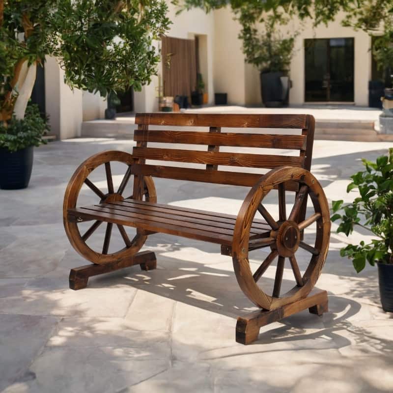 2-Person Wooden Wagon Wheel Bench with Slatted Seat and Backrest