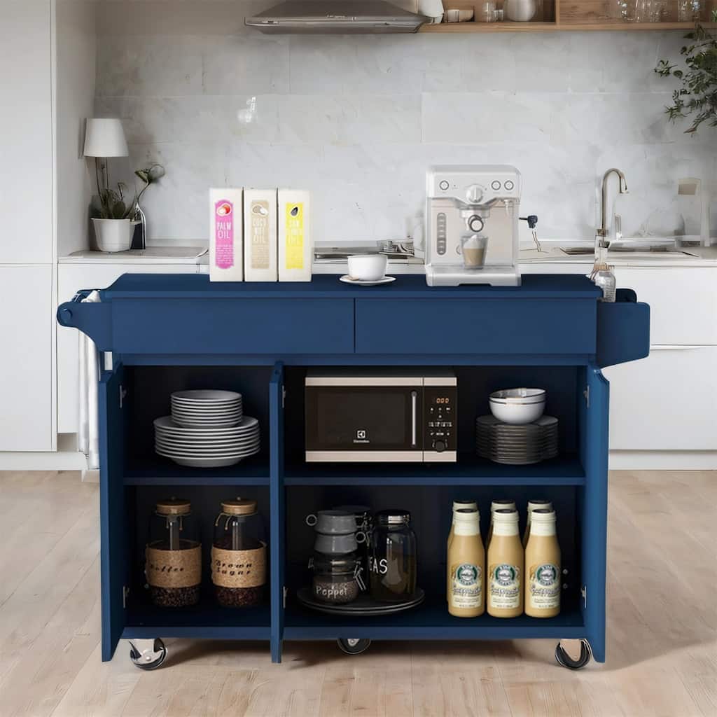 53" Rolling Kitchen Island w/ Drop Leaf,Spice Rack,Adjustable Shelves