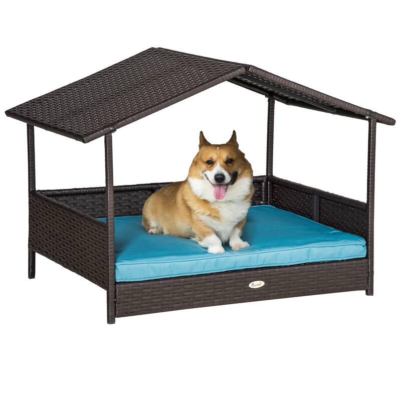 Wicker Dog House Outdoor with Canopy, Rattan Dog Bed with Water-resistant Cushion, for Small and Medium Dogs - Blue