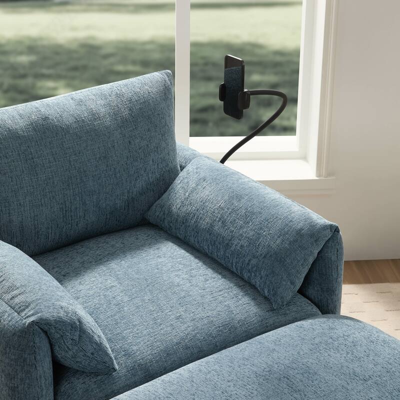 Single Sofa Chair and Storage Ottoman Sets, Chenille Accent Chair Wide Seat Chaise Lounge Couch with Phone Holder & USB Chargers