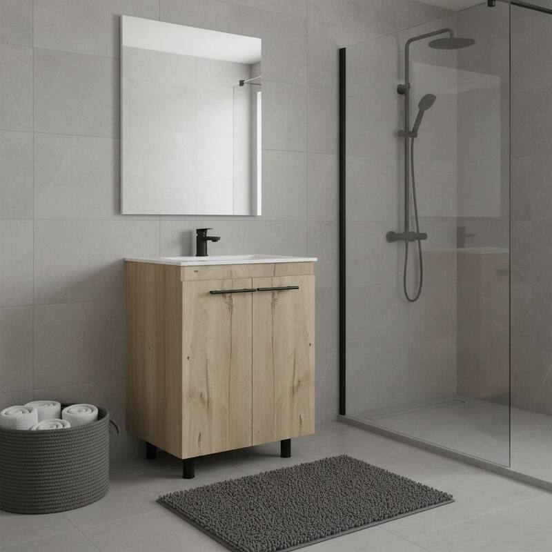 HomeRoots 24" Oak Wood Freestanding Double Door Bathroom Vanity With White Sink - 23.80 in. x 34.10 in. x 18.10 in. - 23.80 in. x 34.10 in. x 18.10 in. - Natural Finish - Oak