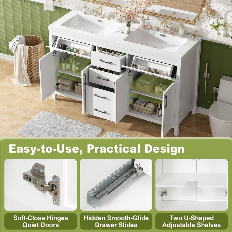 59.3" Modern Double Bathroom Vanity, Solid Wood Frame with SMC Sinks, Soft-Close Doors & Drawers