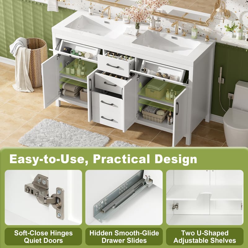 59.3"Bathroom Vanity with Solid Wood Frame, Double SMC Sink, Damping Hinges & Hidden Slides, 4 Doors, 3 Drawers, 2 Flip Drawers