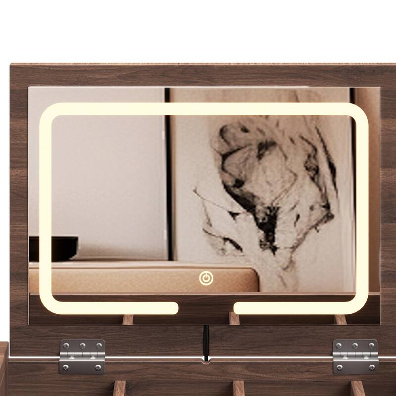 39" Retro Bohemian Style Vanity Desk with Mirror & LED Lights, Flip-Top Dressing Table with 3 Drawers, 10 Compartments