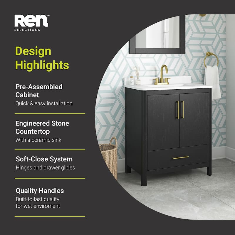 REN Selections Dario Freestanding Bathroom Vanity with Single Sink, Engineered Marble Countertop with Backsplash Included
