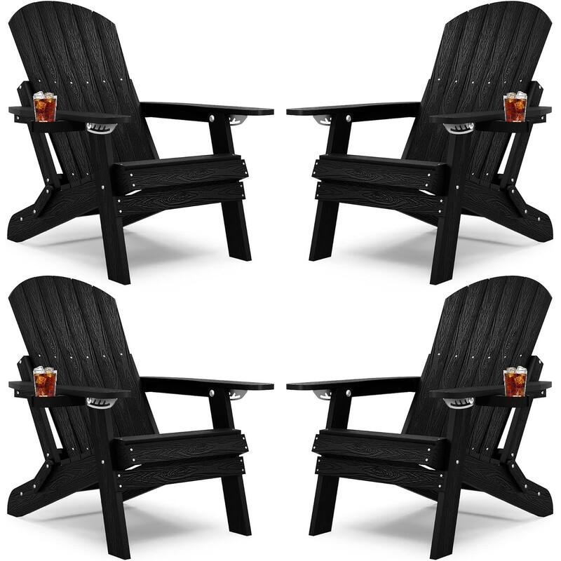 WINSOON All Weather HIPS Folding Adirondack Chair with Ottoman, 5-Gear Adjustable Backrest and Retractable Ottoman Set of 4