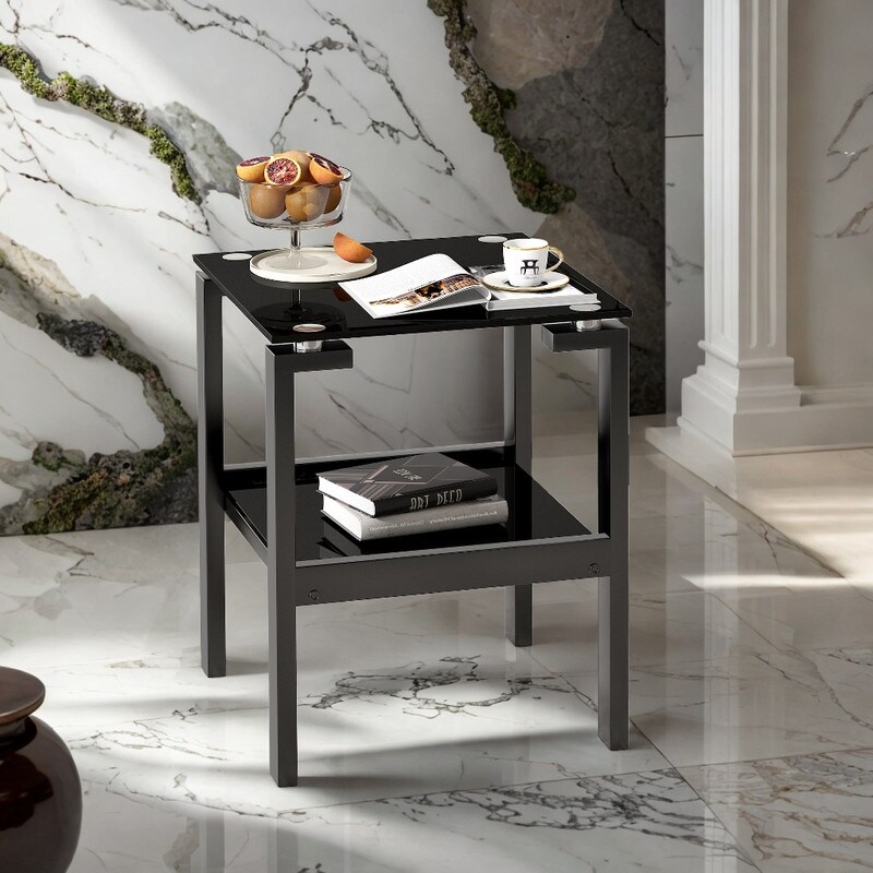 Black Glass Clear 2 Tier Space End Table Metal Tube Legs Coffee
