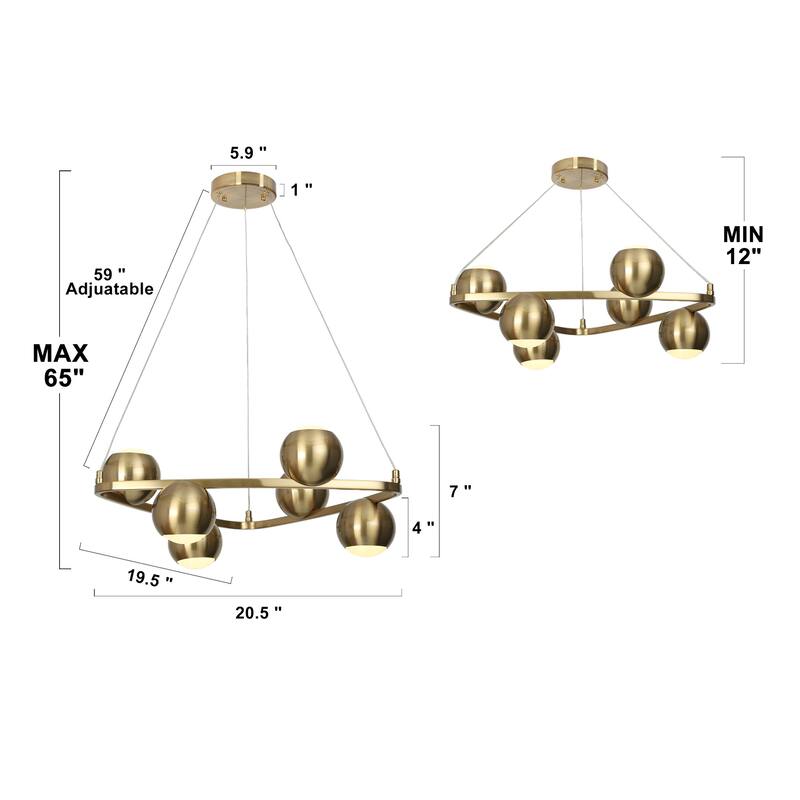 Modern Glam 6-Light Gold Brass LED Chandelier Metal Pendant Light with Dome Shades