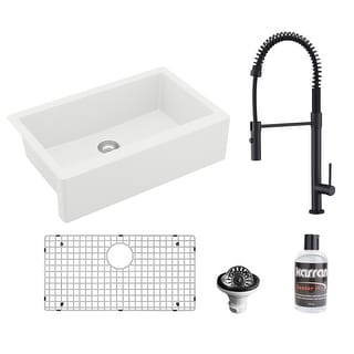 Karran All-in-One Apron Front/Farmhouse Quartz 34-in Single Bowl Kitchen Sink in White with Faucet KKF220 in Matte Black