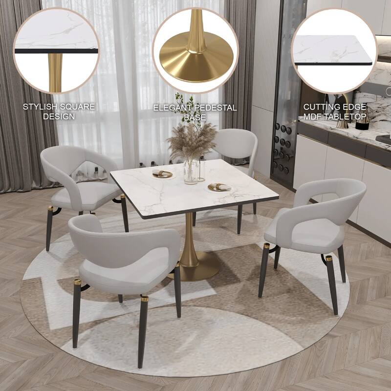 Bristol Square Marbled White MDF Wood Top and Gold Steel Pedestal Base Dining Table for Dining Rooms, Kitchens, and Restaurants