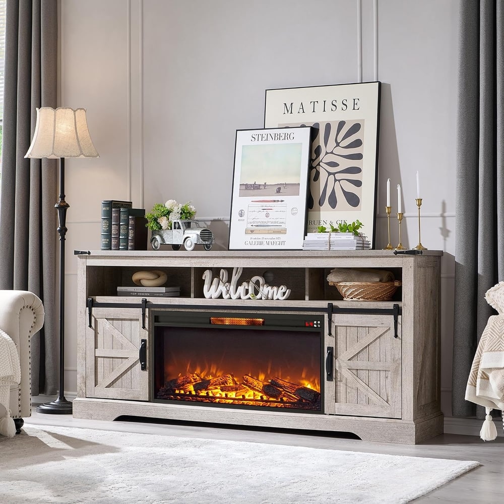 Farmhouse Fireplace TV Stand for 80" TV, Rustic Entertainment Center