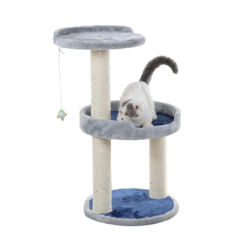 Three-Level Real Wood Compact Scratcher, Gray W Plush Perch - 16"(L)X16"(W)X30"(H)