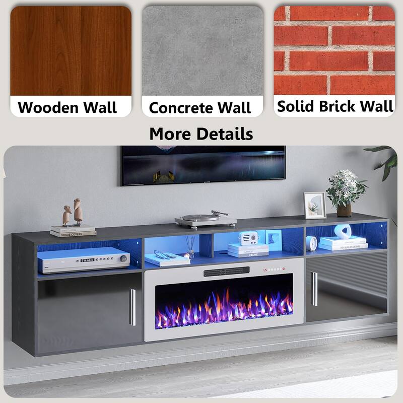 BOSSIN 80" Floating TV Stand with 36" Electric Fireplace, High Gloss Finish Wall Mounted Fireplace TV Stand with Storage