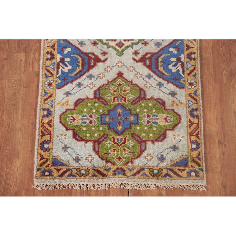 Geometric Kazak Accent Rug Handmade Oriental Blue Wool Carpet - 2'7"x 5'10"