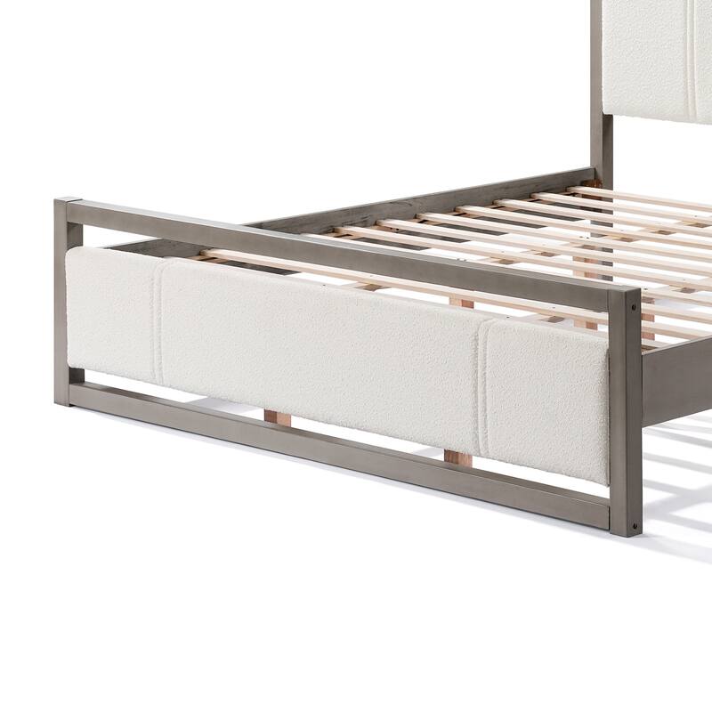 Roomfitters Wood Platform Bed Frame with Ivory Boucle Fabric Headboard and Underbed Storage, Grey and Ivory