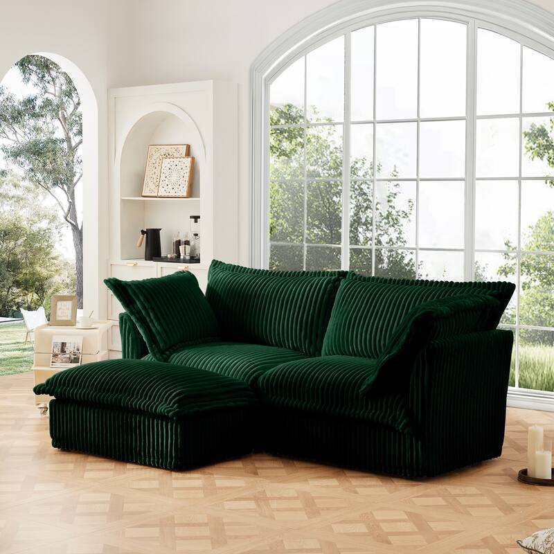 Corduroy 2-Seater Sectional Sofa with Convertible Ottoman & Pillows