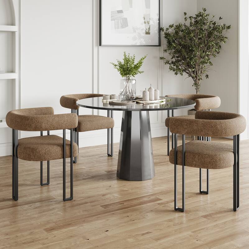 Set of 2 Upholstered Dining Chairs, Bouclé Fabric Accent Chairs with Metal Frame, with Cushioned Seat & Back