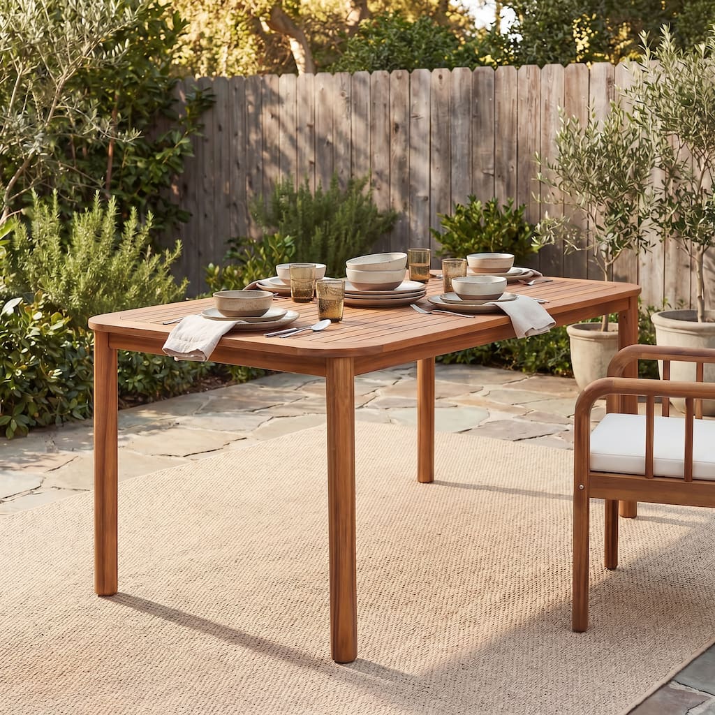 Christopher Knight Home - Modern Outdoor 66.25" Solid Acacia Wood Dining Table with Cylindrical Leg Design & Seats Up to 6