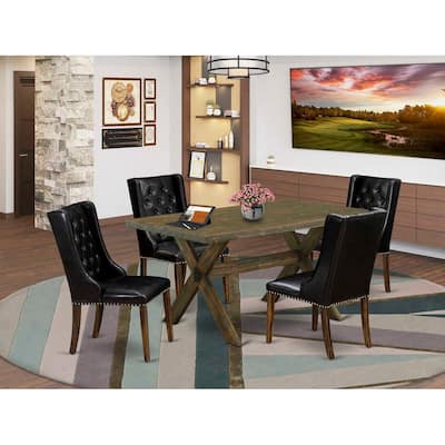 HomeStock 5-Piece Rectangle Distressed Jacobean Finish Solid Wood Top Dining Table with 4 Upholstered Chairs