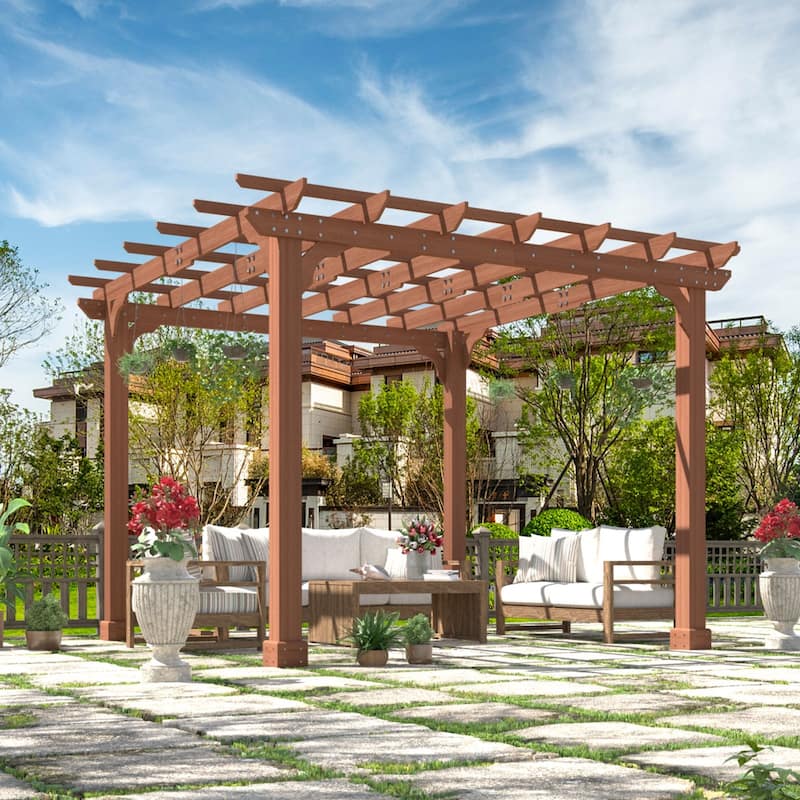 VEIKOUS Outdoor Cedar Wood Pergola Gazebo Kit with Flat Roof Trellis for Patio, Deck, Garden and Backyard - 10'×10'