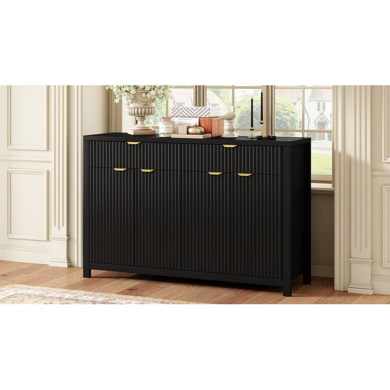 Wave-Pattern Decorate Sideboard, Wooden Kitchen Buffet Cabinet, Console Table with Adjustable Shelves, 2 Drawers & 4 Doors