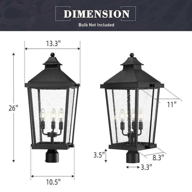 26'' 3-Light Taper Candle Post Light with Seeded Glass