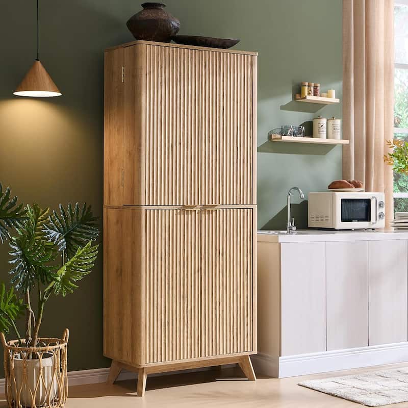 Fluted Pantry Storage Cabinet, Spacious Dual-Zone Wood Organizer