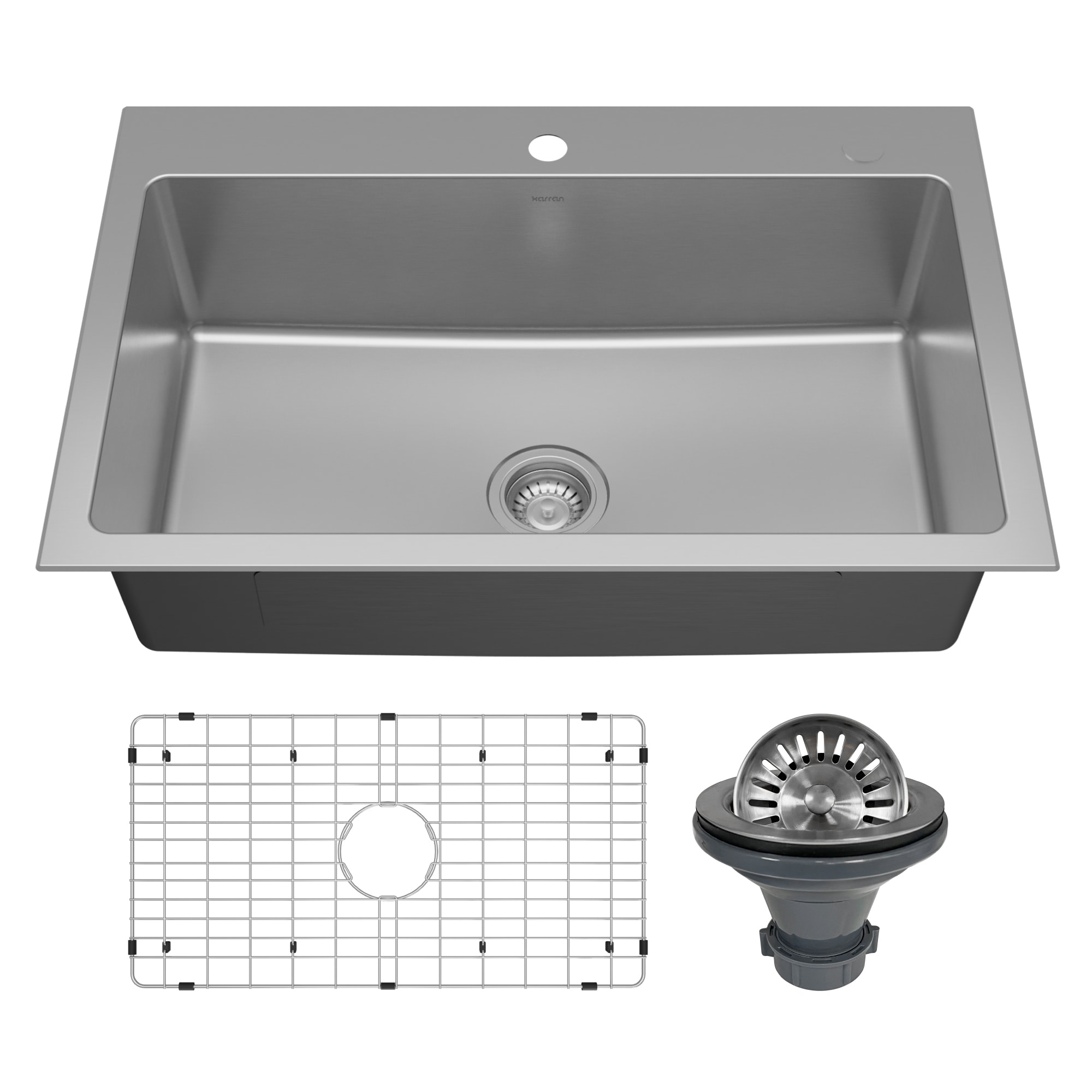 Karran Lansen 33" Top Mount 18 Gauge Single Bowl Stainless Steel Sink with Accessories - Stainless Steel