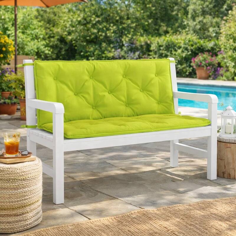 Claire Outdoor Cushion for Bench, Button Tufted Green Fabric, 47 Inch