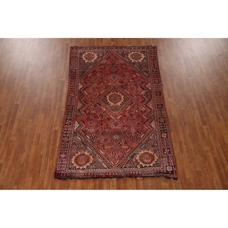 Tribal Qashqai Persian Vintage Area Rug Hand-Knotted Wool Carpet - 5'4"x 8'8"