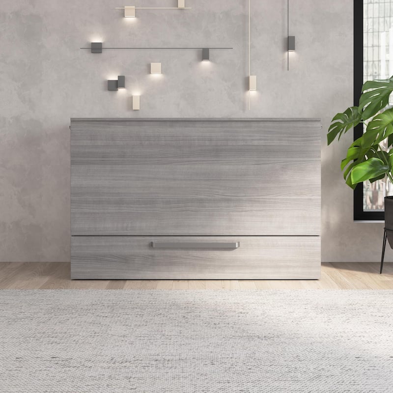 Bestar Borealis 63W Queen Murphy Cabinet Bed with Drawer and Mattress