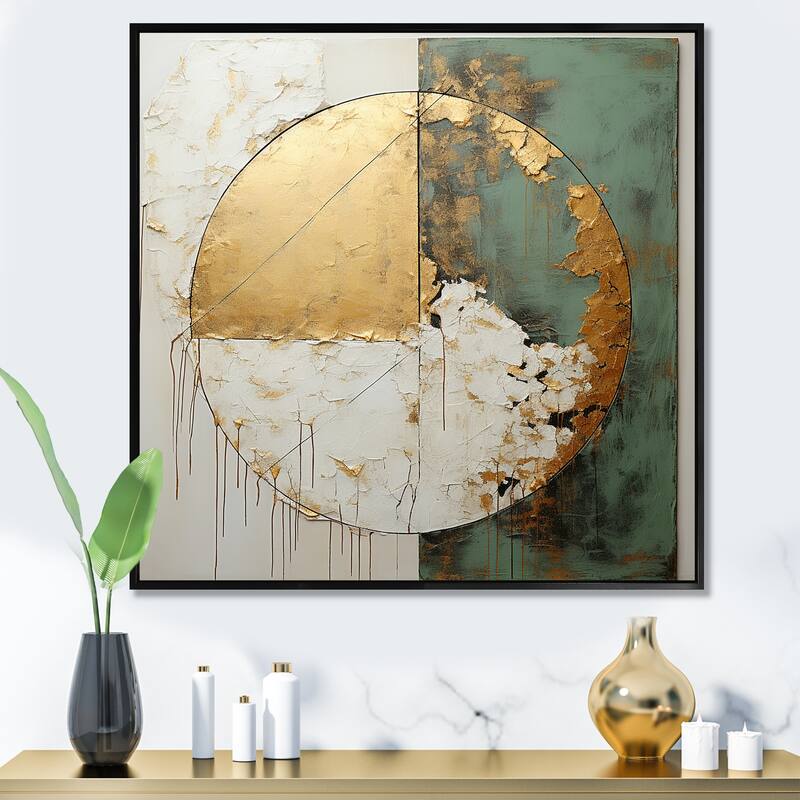 Designart "Gold And Green Paint Fusion I" Abstract Painting Framed Wall Decor - 16 in. wide x 16 in. high - Black