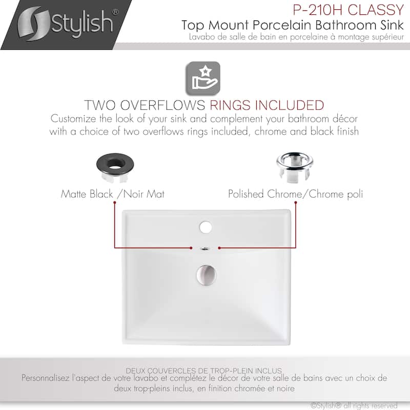 STYLISH 20 1/4 inch Rectangular Undermount Porcelain Bathroom Sink with two Overflow Finishes included - 20 1/4" x 16" x 6 1/4"