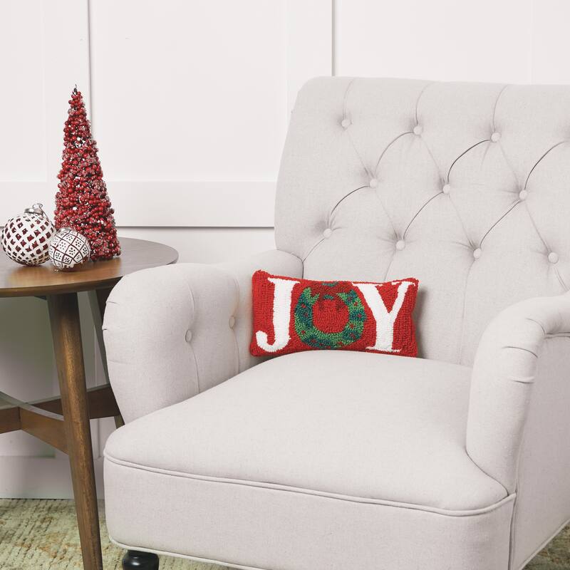 Christmas Joy Wreath Hooked Decorative Accent Throw Pillow