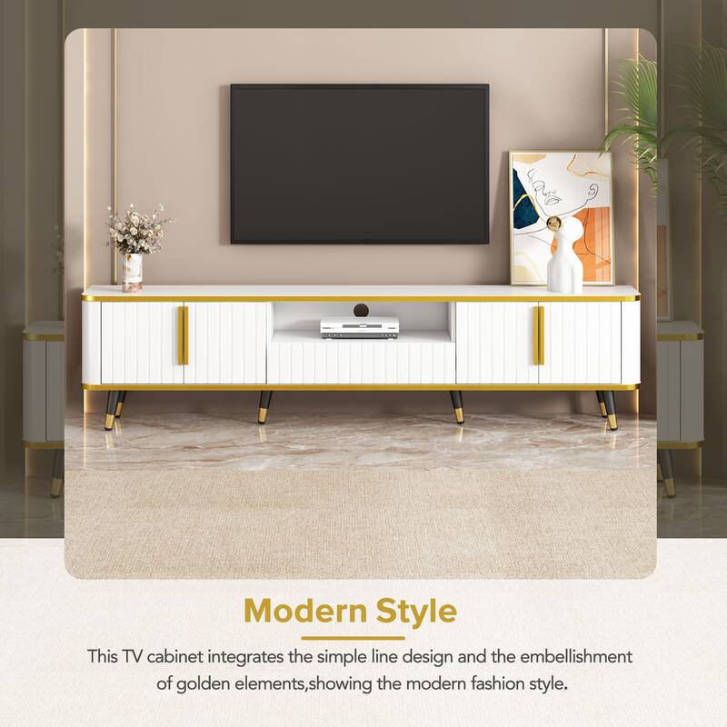 Elegant 79-Inch TV Stand with Ample Storage, Golden Elements, and Sleek Design - Ideal for Large Living Spaces.