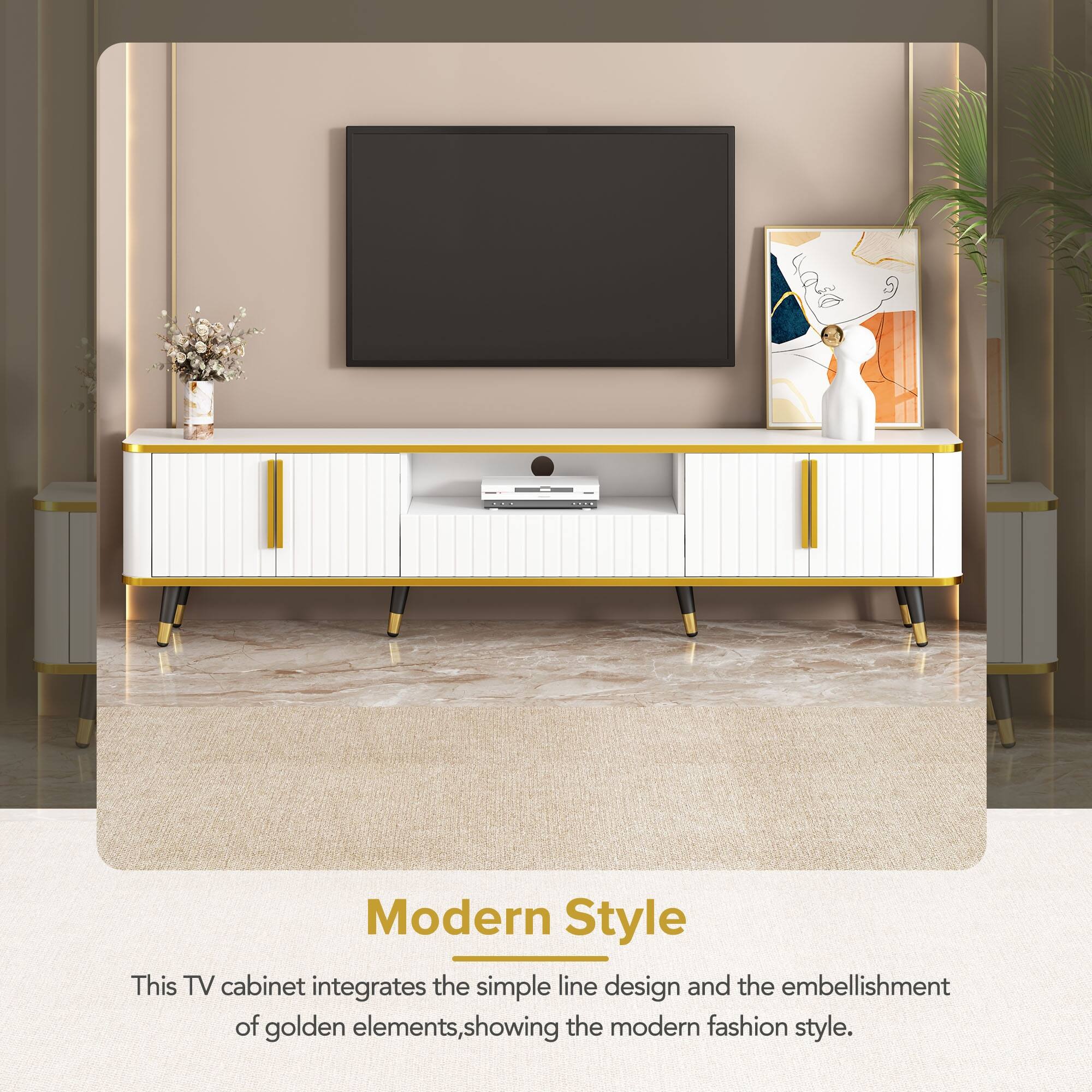 White+Gold Entertainment Center Media Console Storage with