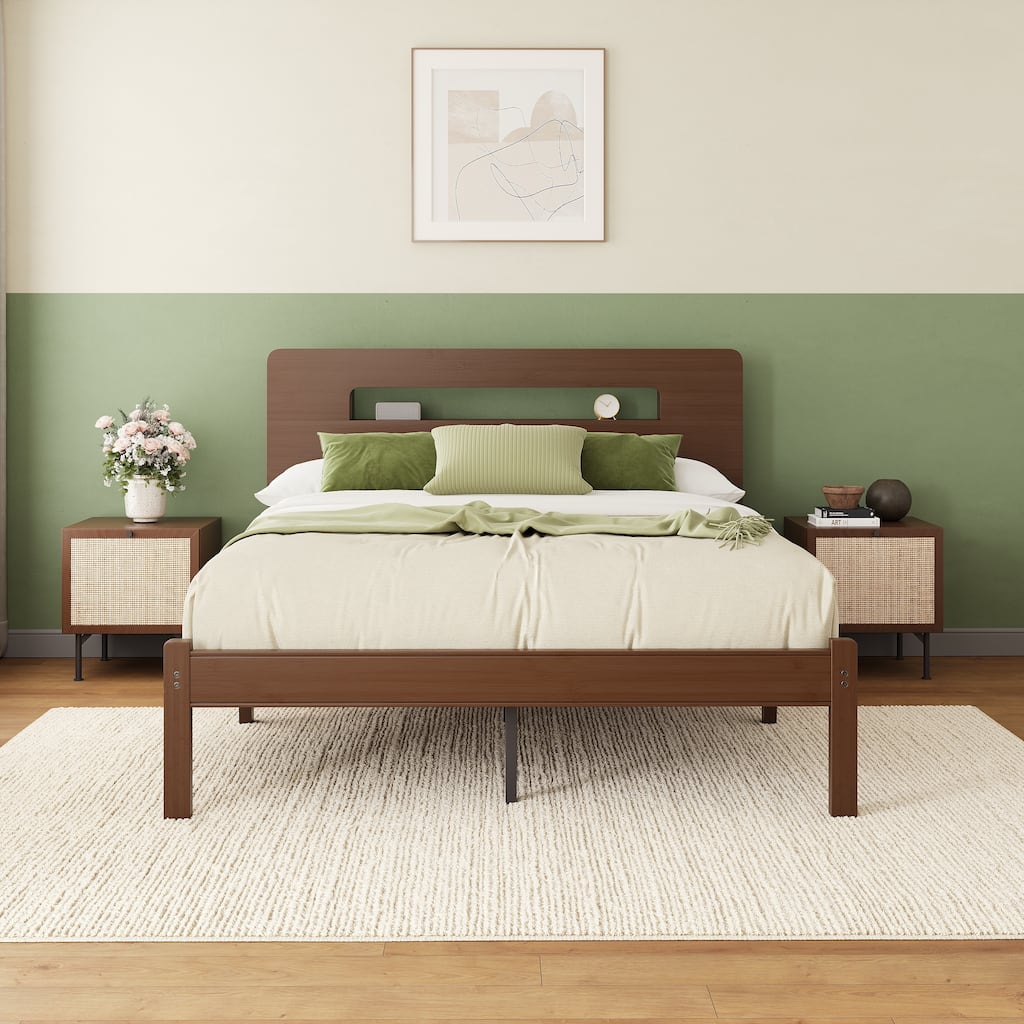14-Inch Bamboo & Metal Platform Bed Frame with Headboard, Walnut Finish, Noise-Free, Easy Assembly